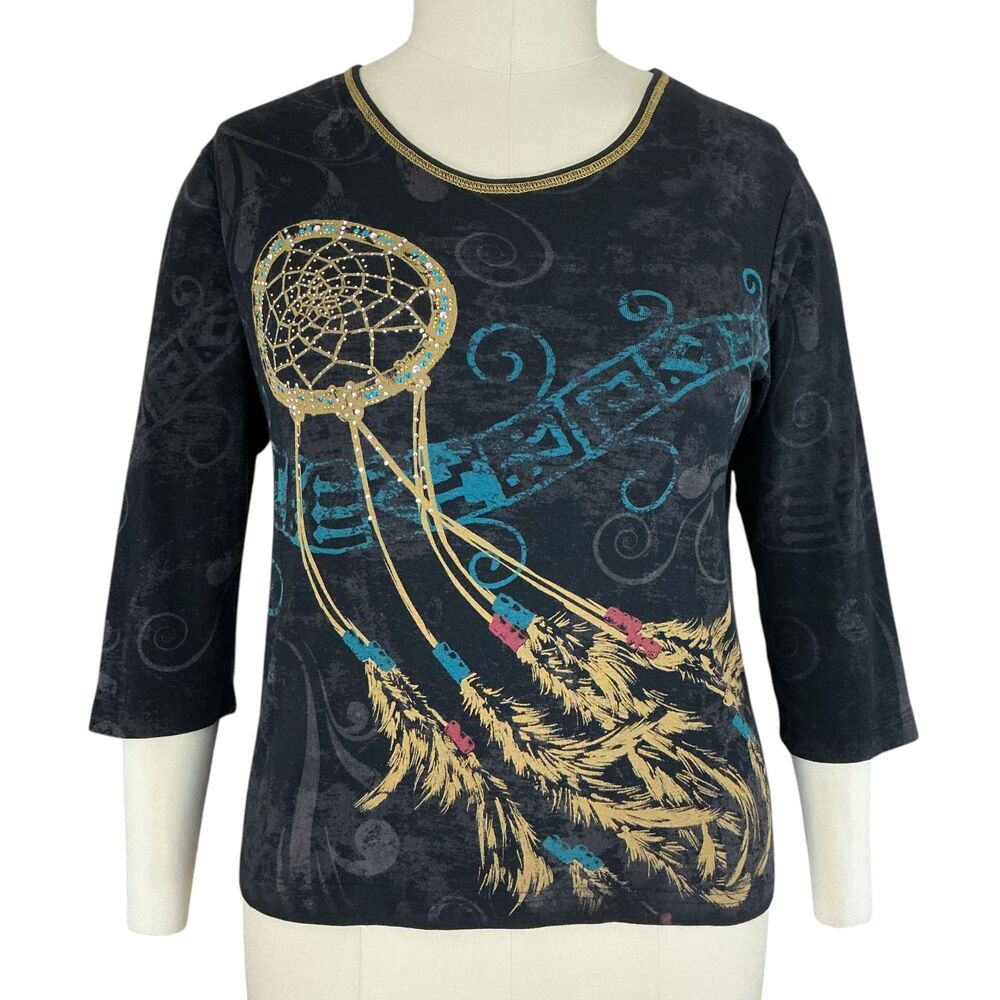 Cactus Bay Graphic Top XXL Southwestern Dreamcatcher Rhinestone Embellished USA